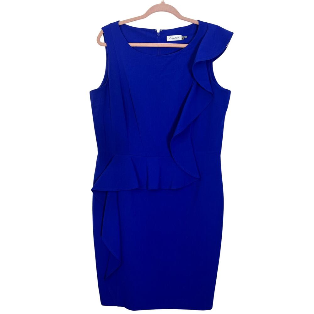 Calvin Klein Royal Blue Sleeveless Sheath Ruffle Lined Midi Dress‎ Size 14